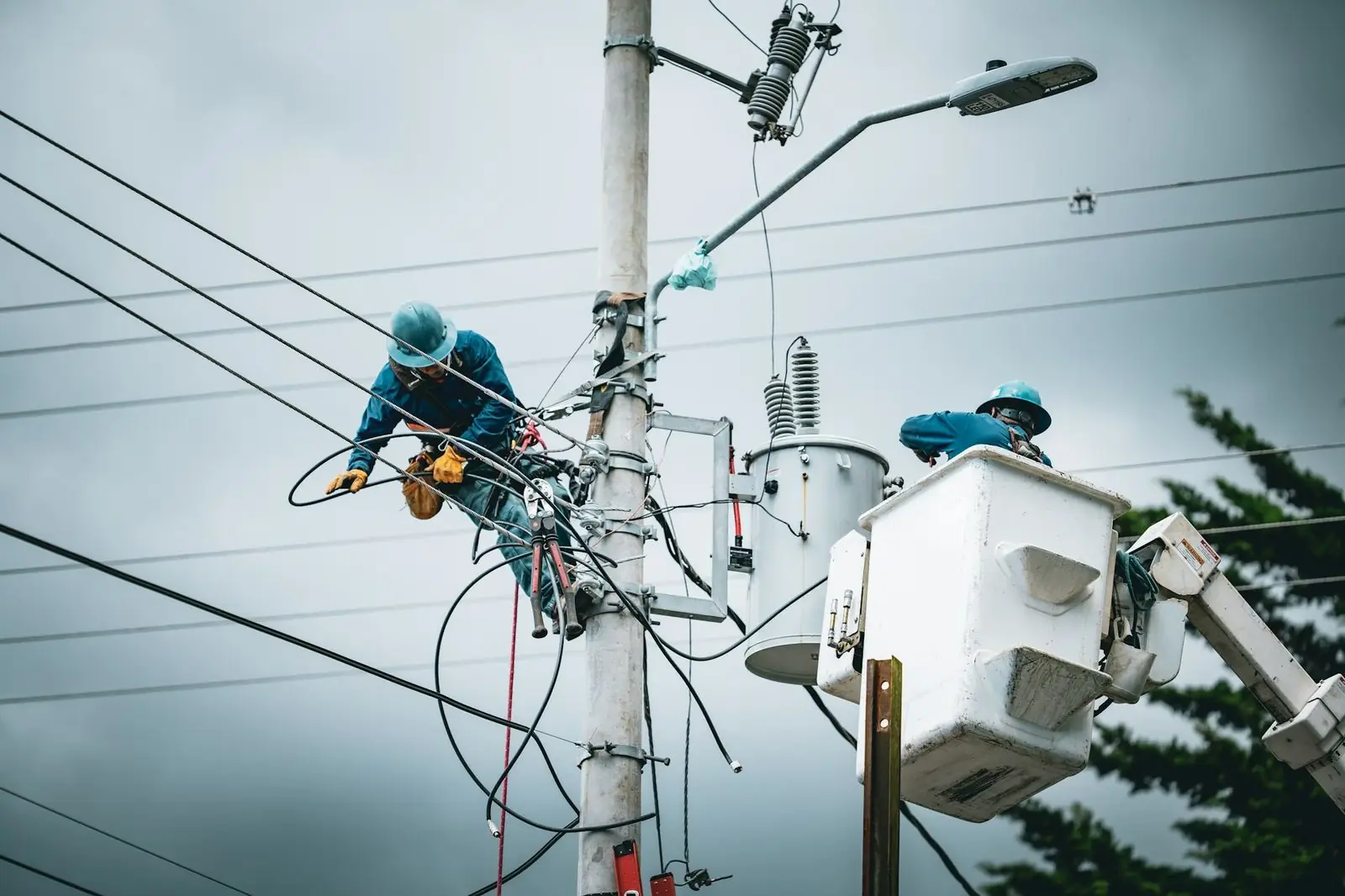 Two linemen work on a utility pole from the bucket of a white bucket truck