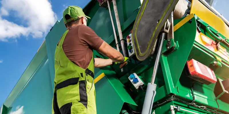 A refuse worker in high-visibility overalls works the packer controls at the back of a green rear-loader garbage truck